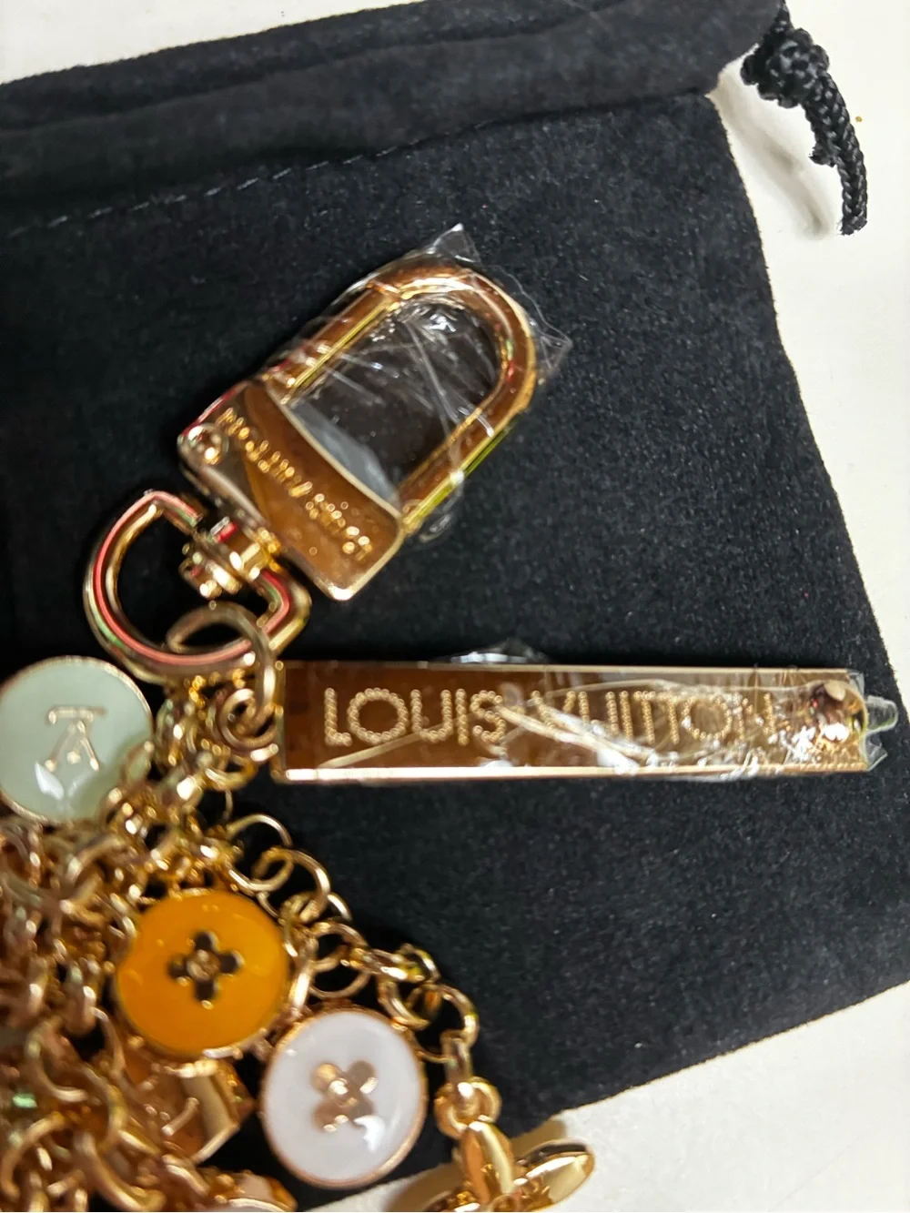 Louis Vuitton stamped Gold-Tone Multicolor Charm Keychain/ bag charmEnamel Discs